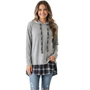 Crescent Gray Plaid Flannel Layered Hoodie Size Small